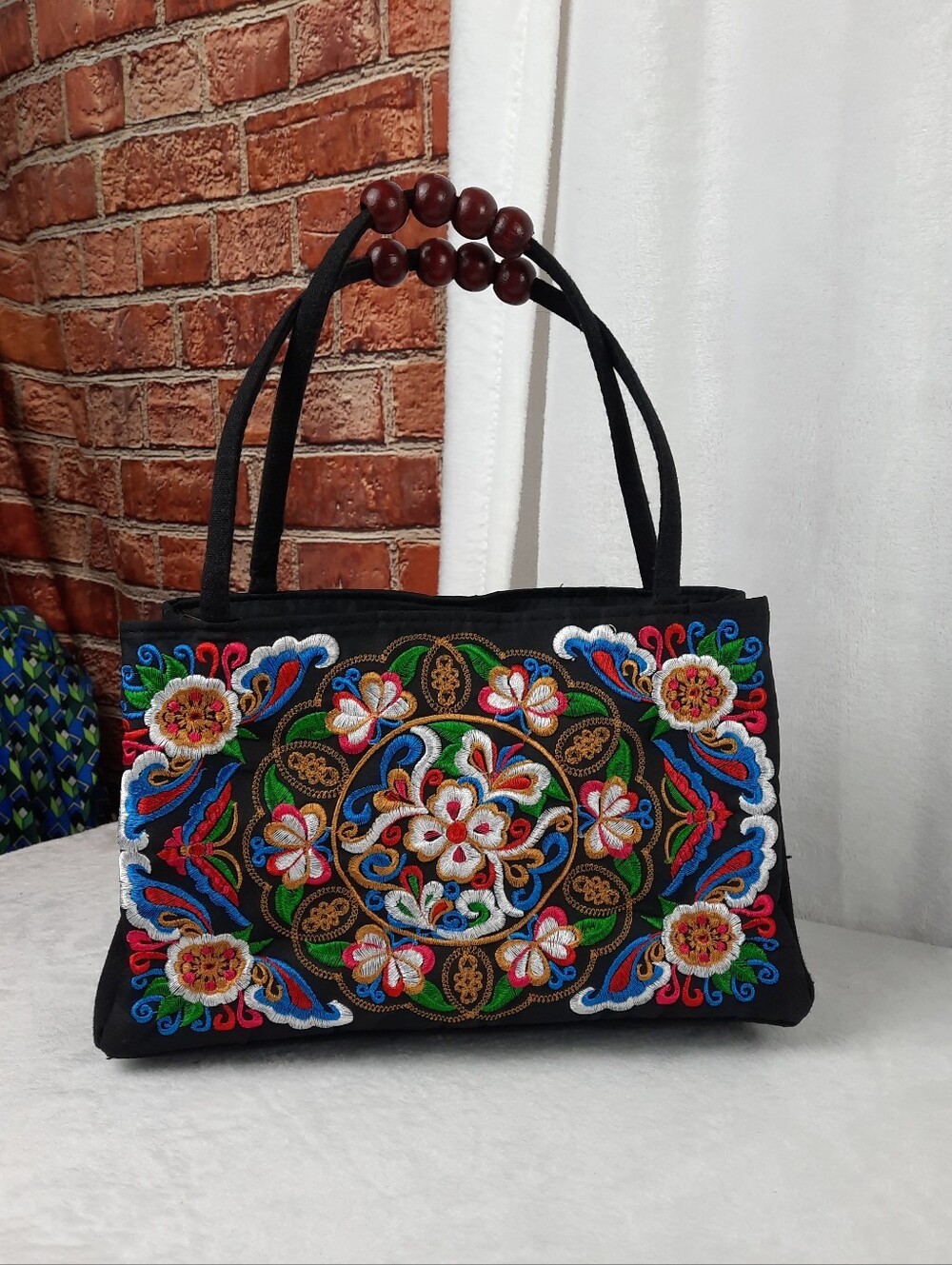 Embroidered Black Shoulder Bag with Multicolor Floral Design